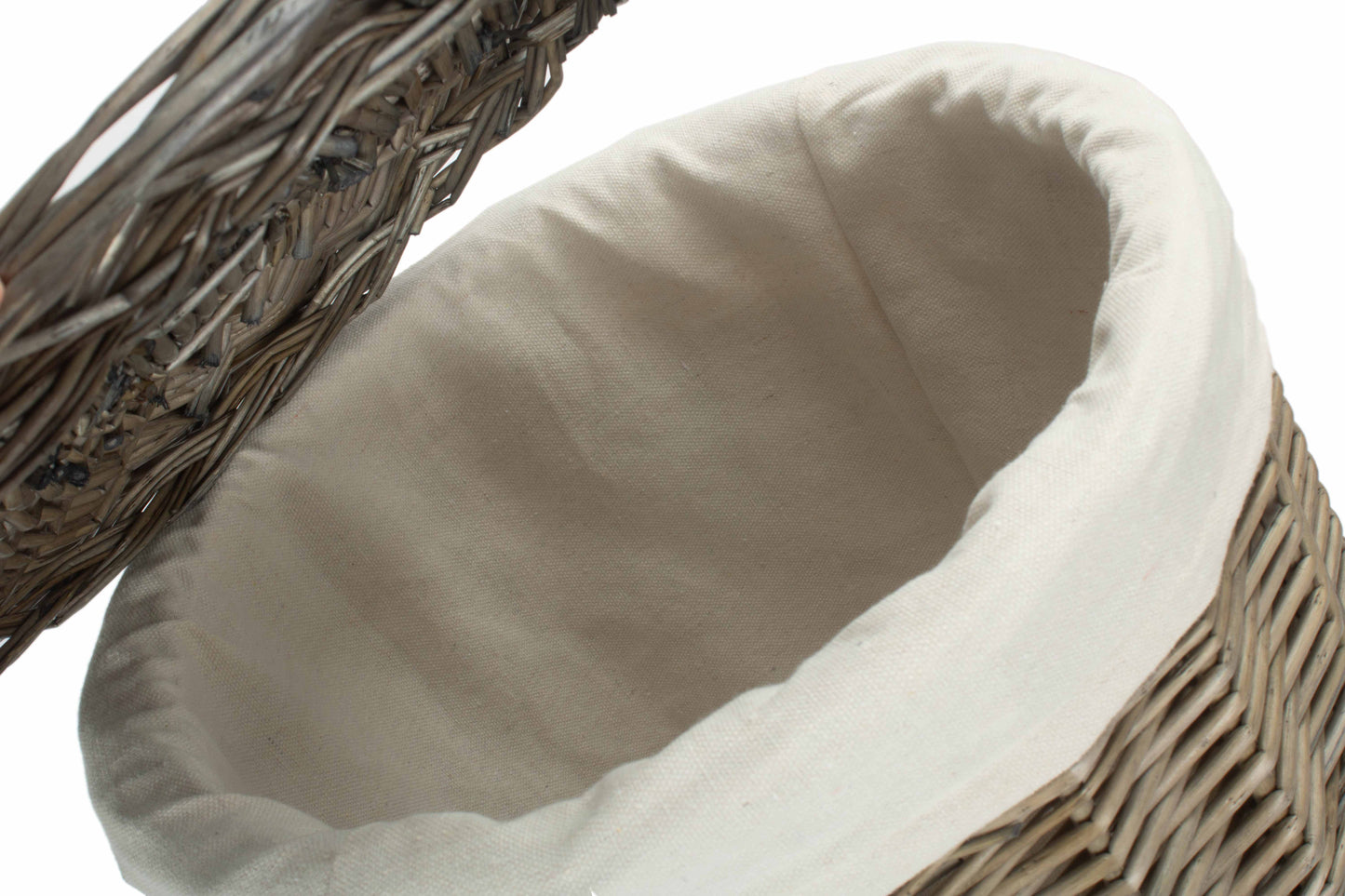 SMALL ANTIQUE WASH ROUND LAUNDRY BASKET with WHITE LINING