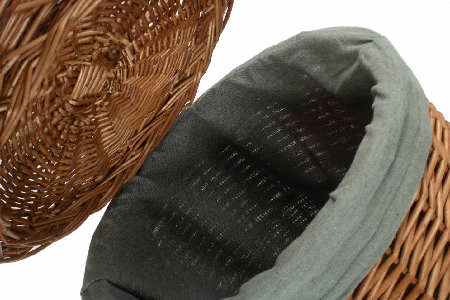 SMALL LIGHT STEAMED ROUND LINEN BASKET with GREY SAGE LINING
