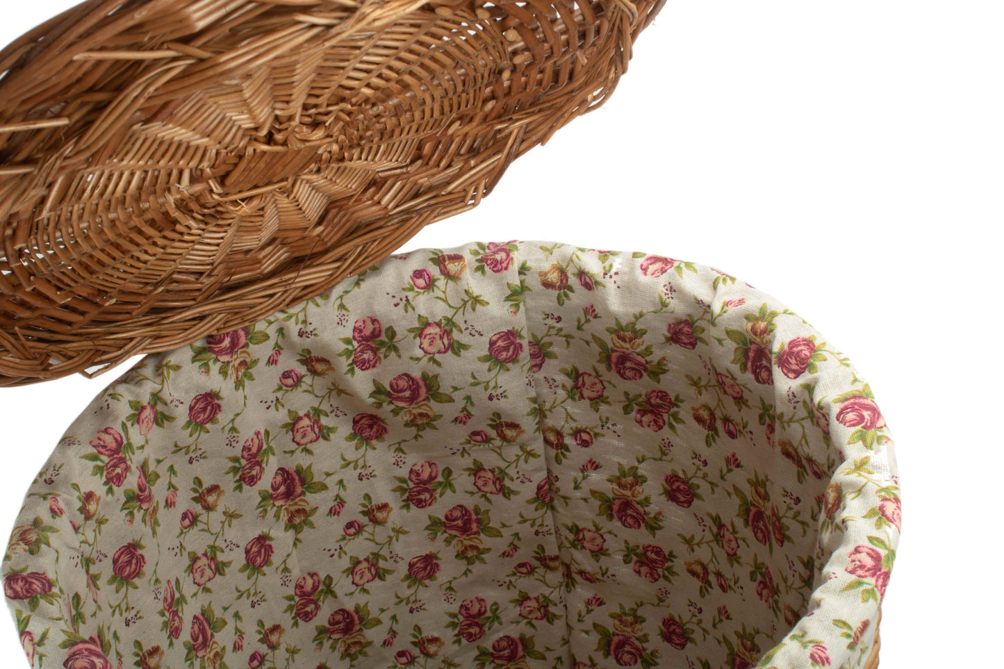 LARGE LIGHT STEAMED ROUND LINEN BASKET with GARDEN ROSE LINING