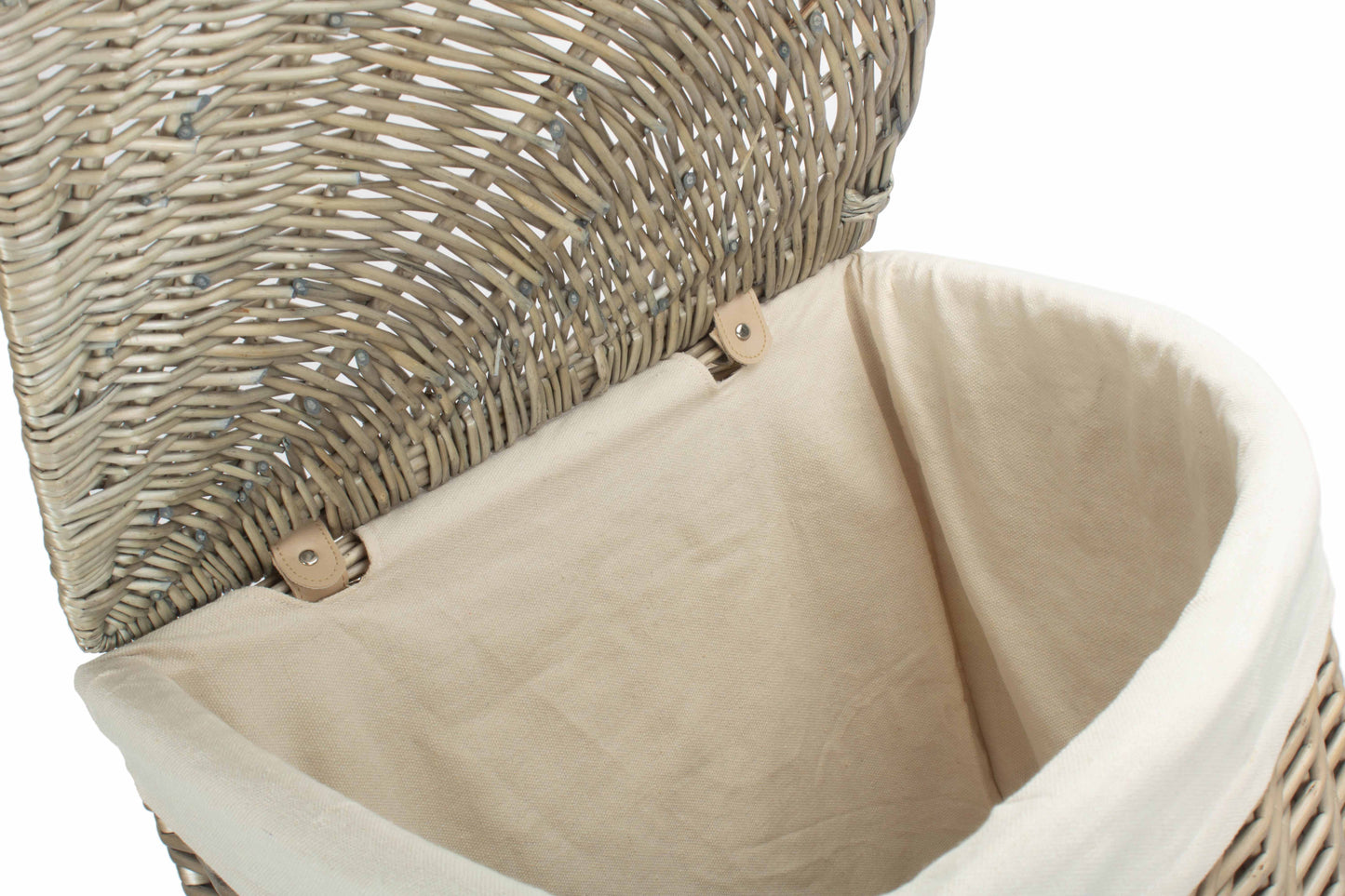 LARGE ANTIQUE WASH CORNER LAUNDRY BASKET with WHITE LINING