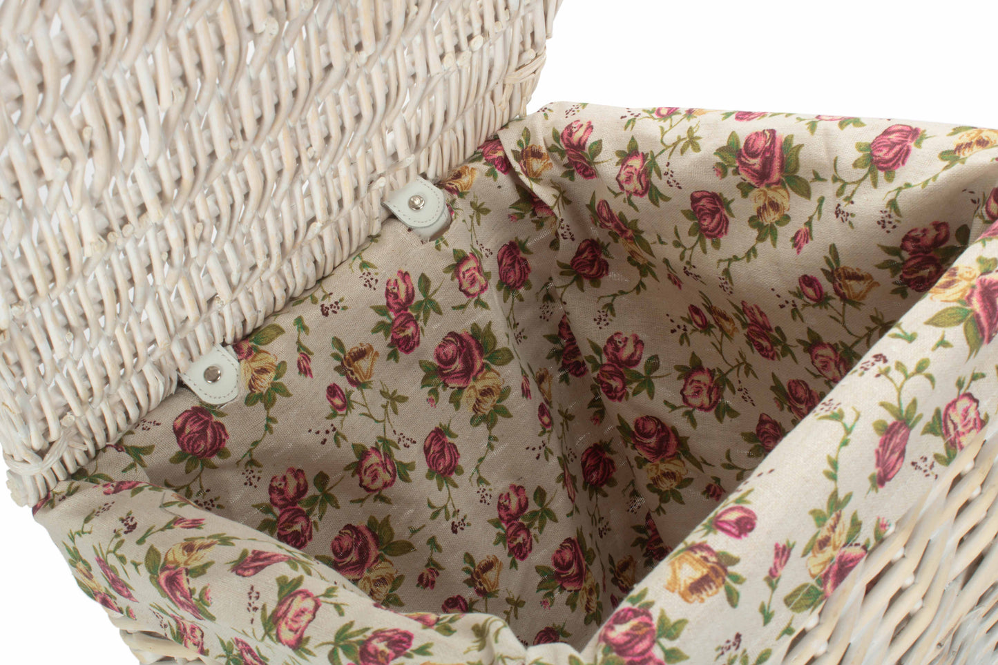 SMALL SQUARE WHITE WASH LAUNDRY HAMPER with GARDEN ROSE LINING