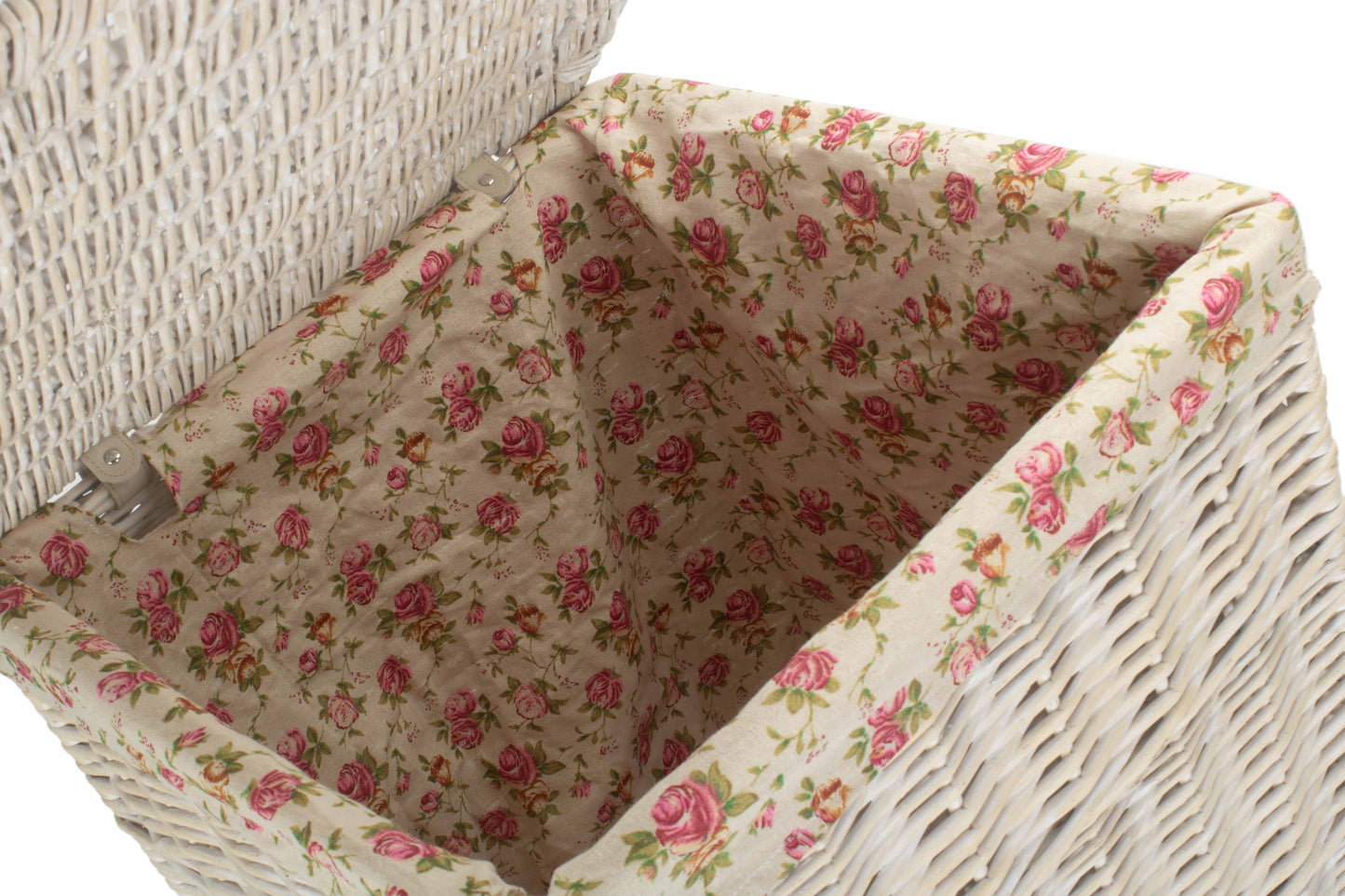 LARGE SQUARE WHITE WASH LAUNDRY HAMPER with GARDEN ROSE LINING