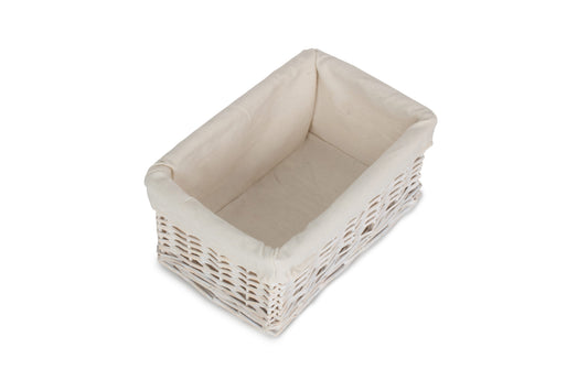 SMALL WHITE WASH WICKER STORAGE BASKET with WHITE LINING