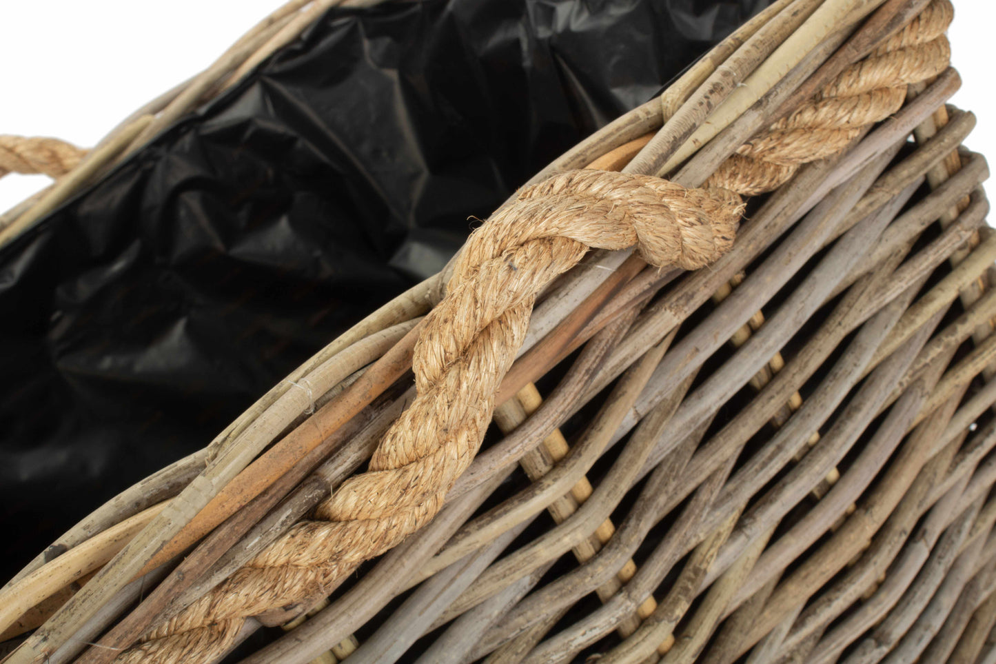 MEDIUM SQUARE TAPERED ROPE HANDLED RATTAN PLANTER with PLASTIC LINING