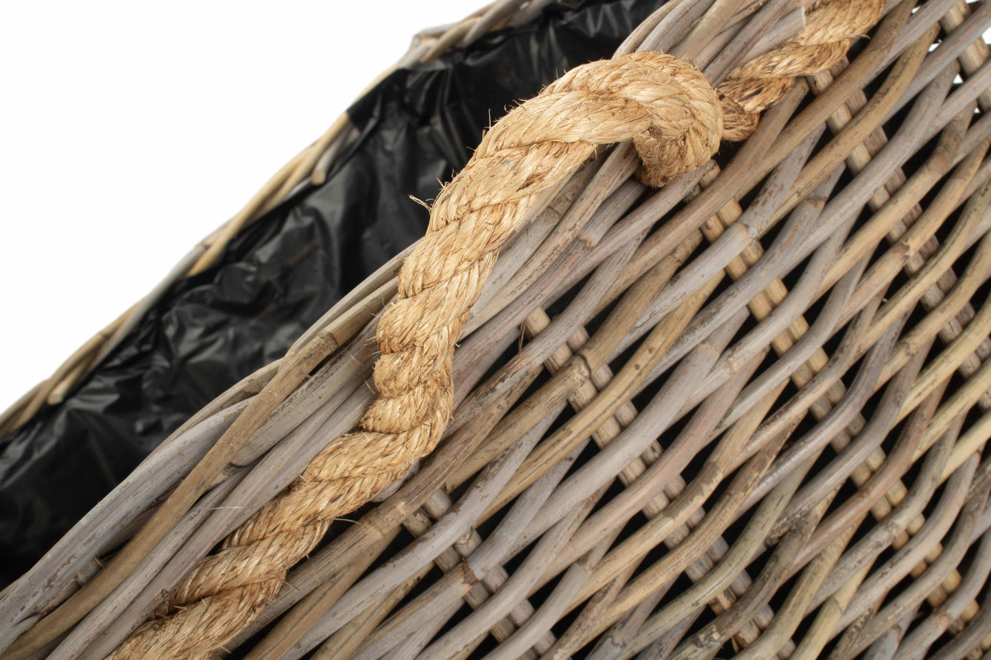 LARGE SQUARE TAPERED ROPE HANDLED RATTAN PLANTER with PLASTIC LINING