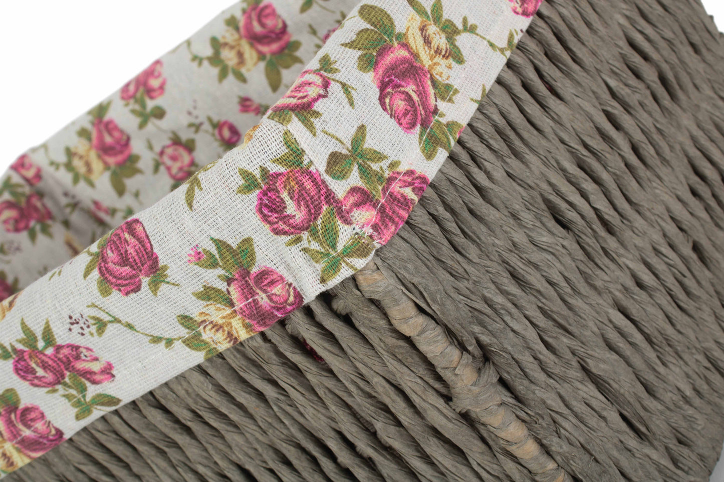 MEDIUM GREY PAPER ROPE STORAGE BASKET with GARDEN ROSE LINING
