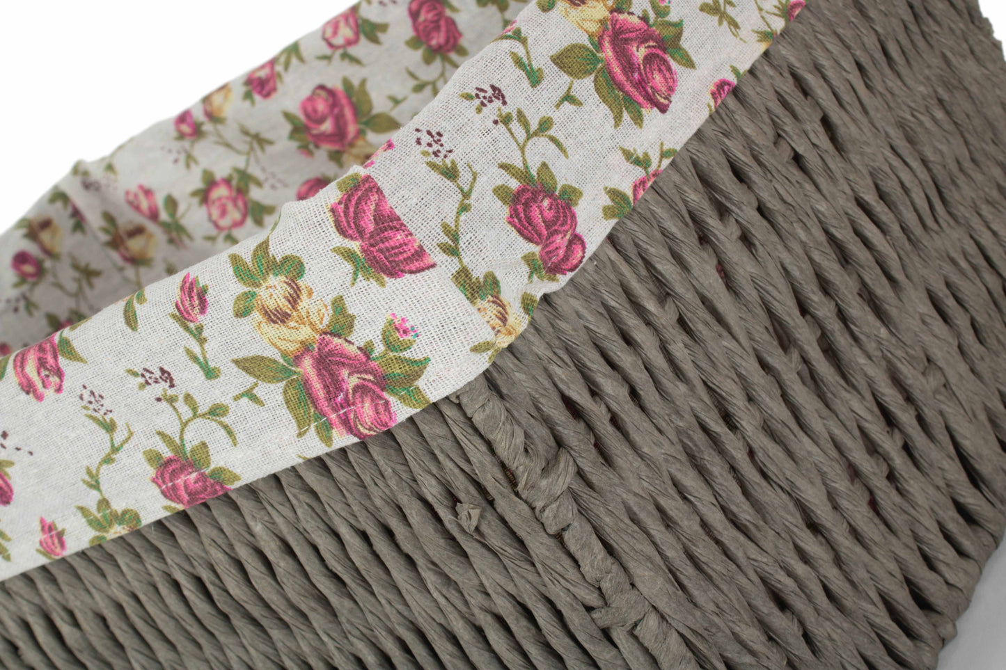 LARGE GREY PAPER ROPE STORAGE BASKET with GARDEN ROSE LINING