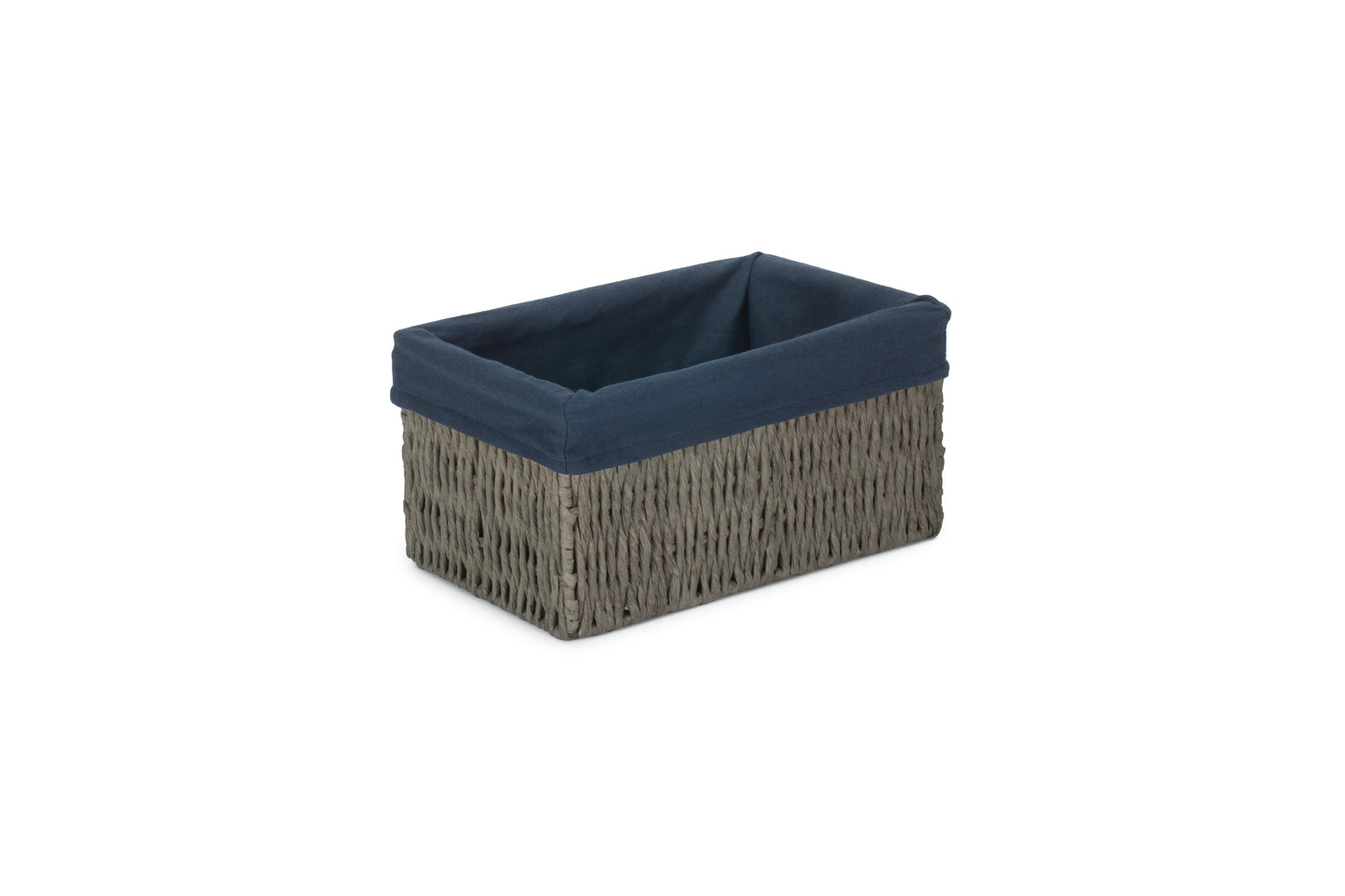 SMALL GREY PAPER ROPE STORAGE BASKET with NAVY BLUE LINING