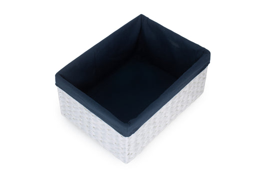 SIZE 3 WHITE PAPER ROPE RECTANGULAR STORAGE BASKET with NAVY BLUE LINING