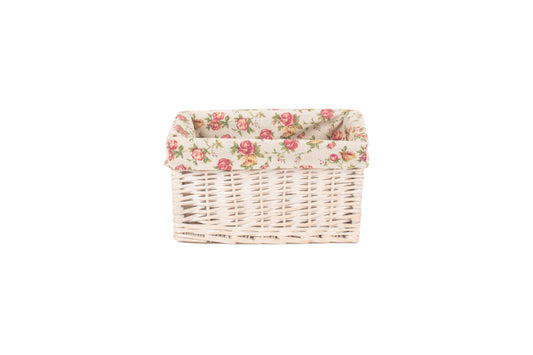 SMALL WHITE WASH STORAGE BASKET with GARDEN ROSE LINING