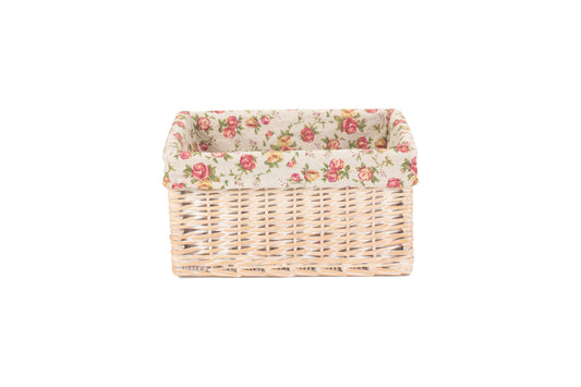 MEDIUM WHITE WASH STORAGE BASKET with GARDEN ROSE LINING