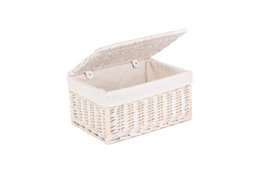 MEDIUM WHITE WASH FINISH STORAGE HAMPER with WHITE LINING