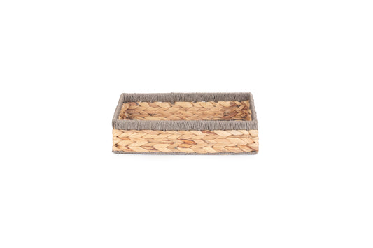 SMALL SHALLOW RECTANGULAR WATER HYACINTH STORAGE BASKET with GREY ROPE BORDER