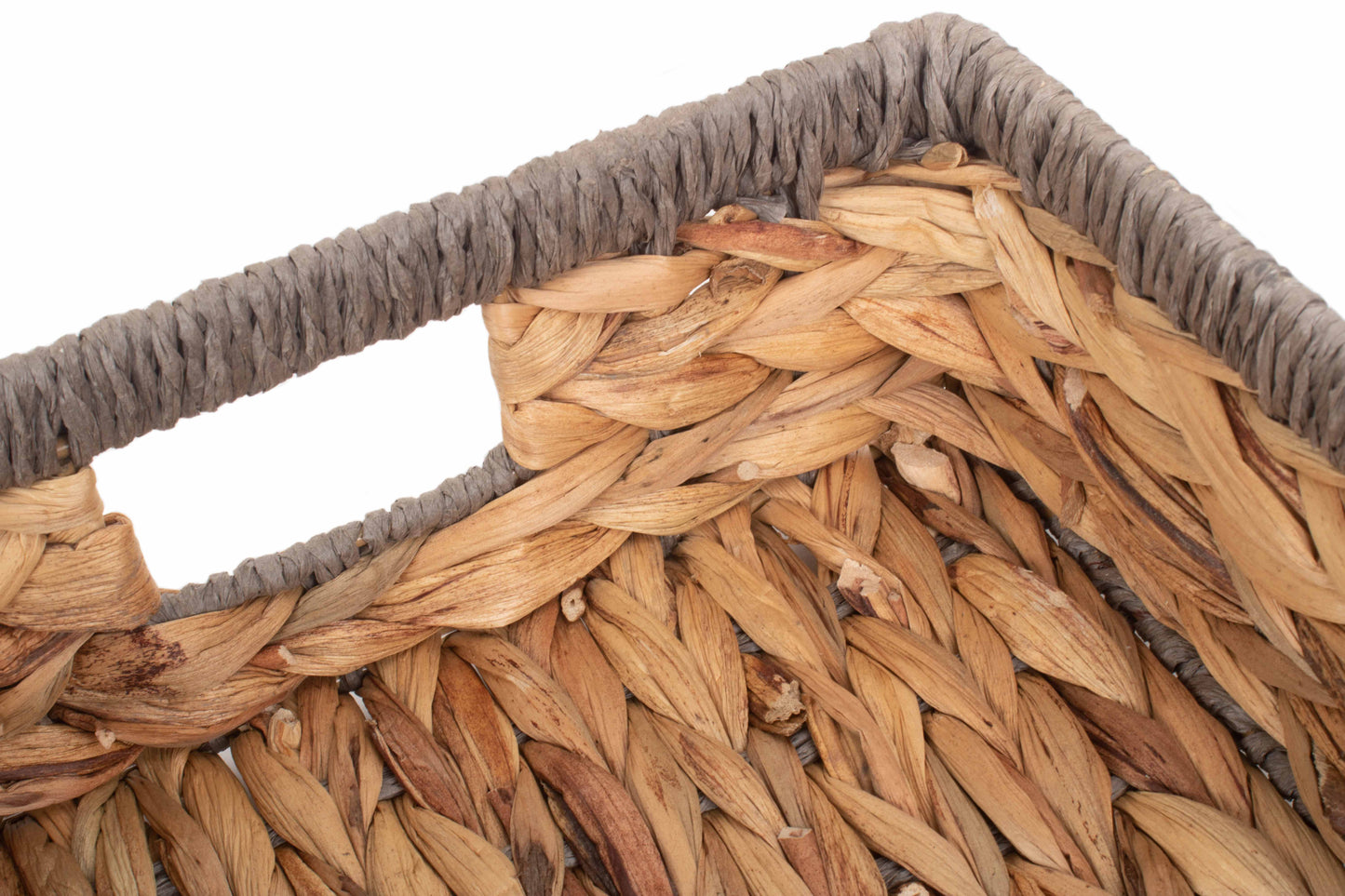 MEDIUM SHALLOW RECTANGULAR WATER HYACINTH STORAGE BASKET with GREY ROPE BORDER