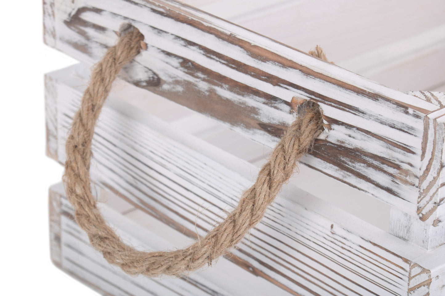SMALL DISTRESSED WHITE ROPE HANDLED CRATE