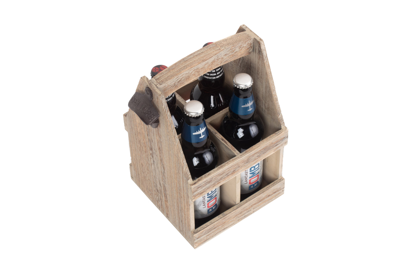 OAK EFFECT 4 BEER BOTTLE CARRIER with BOTTLE OPENER