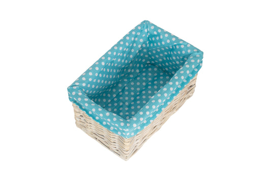 SMALL WHITE WASH STORAGE BASKET with BLUE SPOTTY LINING