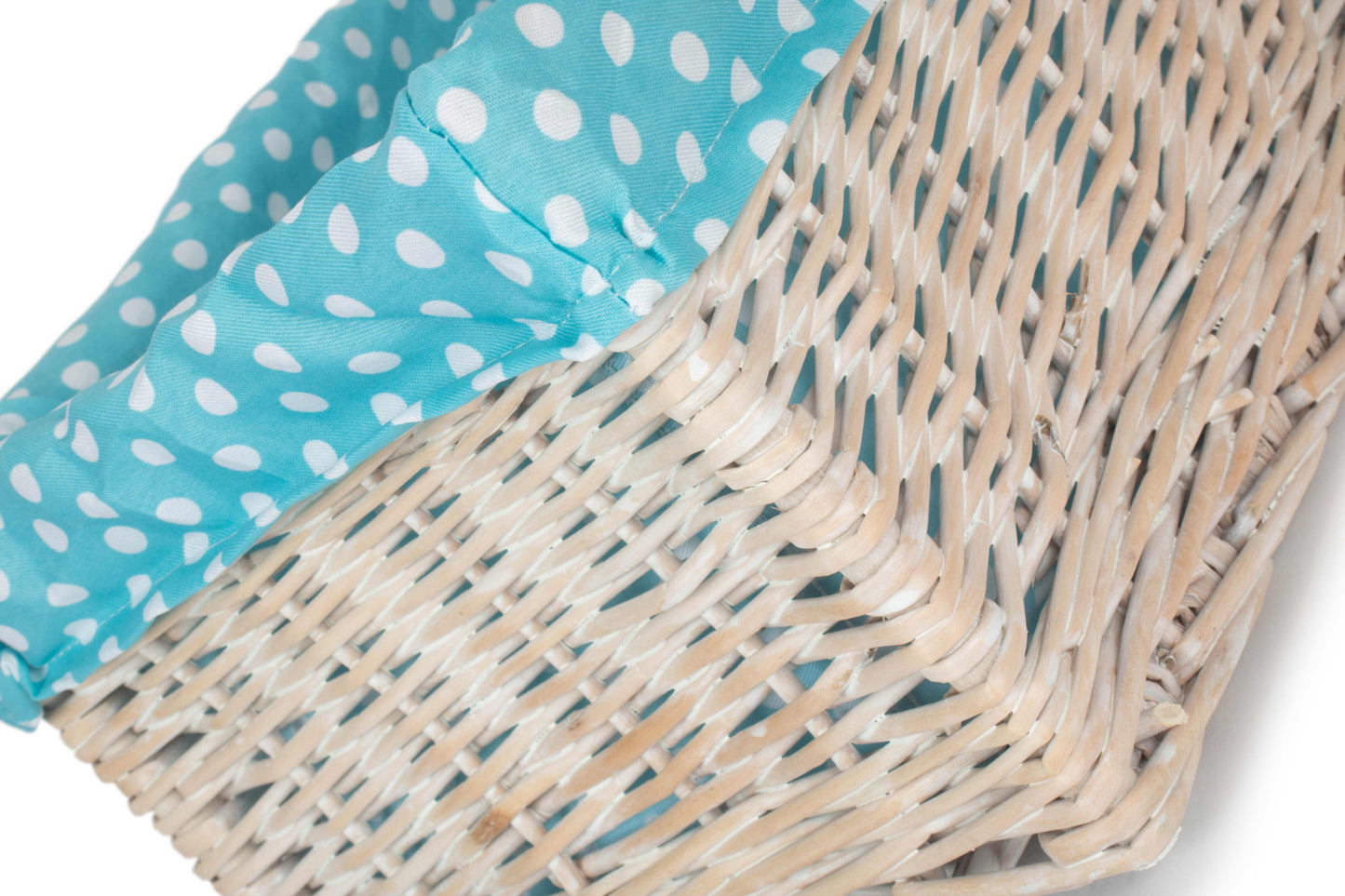 MEDIUM WHITE WASH STORAGE BASKET with BLUE SPOTTY LINING