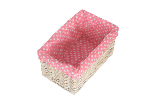 SMALL WHITE WASH STORAGE BASKET with PINK SPOTTY LINING