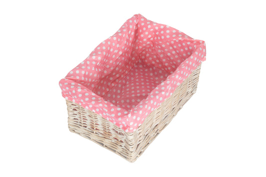 MEDIUM WHITE WASH STORAGE BASKET with PINK SPOTTY LINING