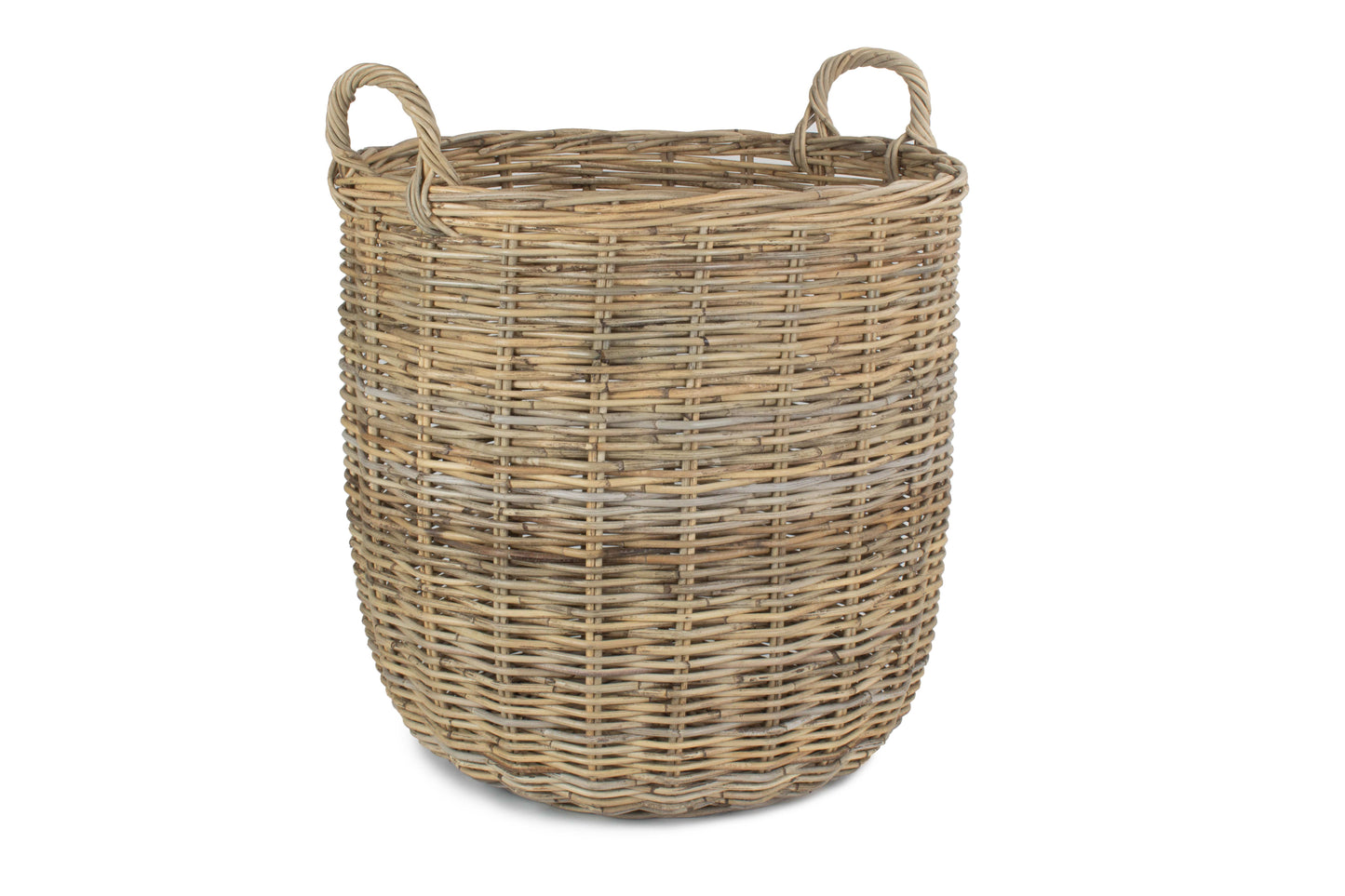 LARGE TALL ROUND FIRESIDE GREY RATTAN LOG BASKET