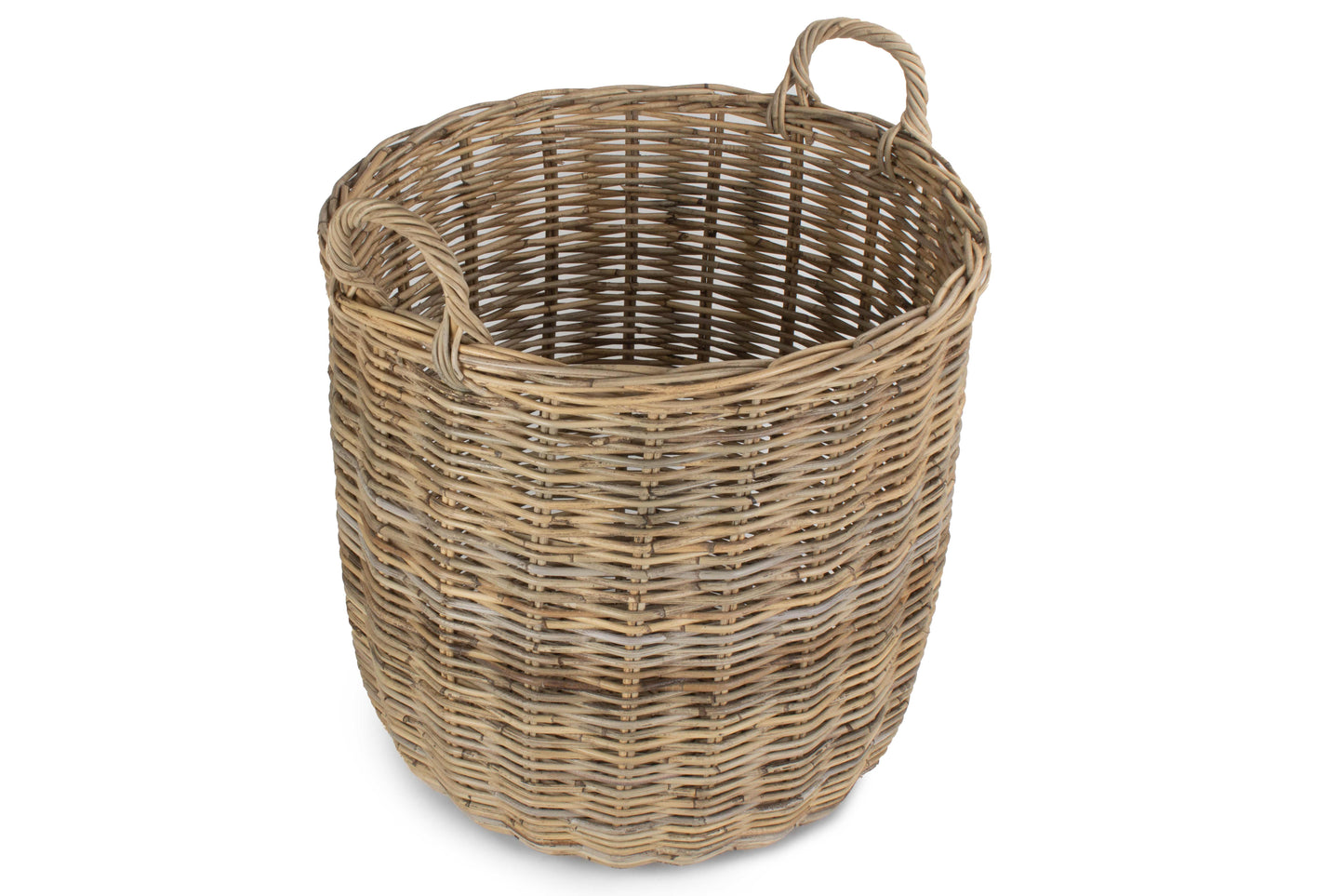 LARGE TALL ROUND FIRESIDE GREY RATTAN LOG BASKET