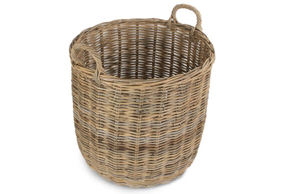 LARGE TALL ROUND FIRESIDE GREY RATTAN LOG BASKET