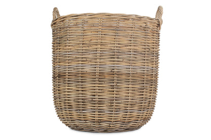 LARGE TALL ROUND FIRESIDE GREY RATTAN LOG BASKET