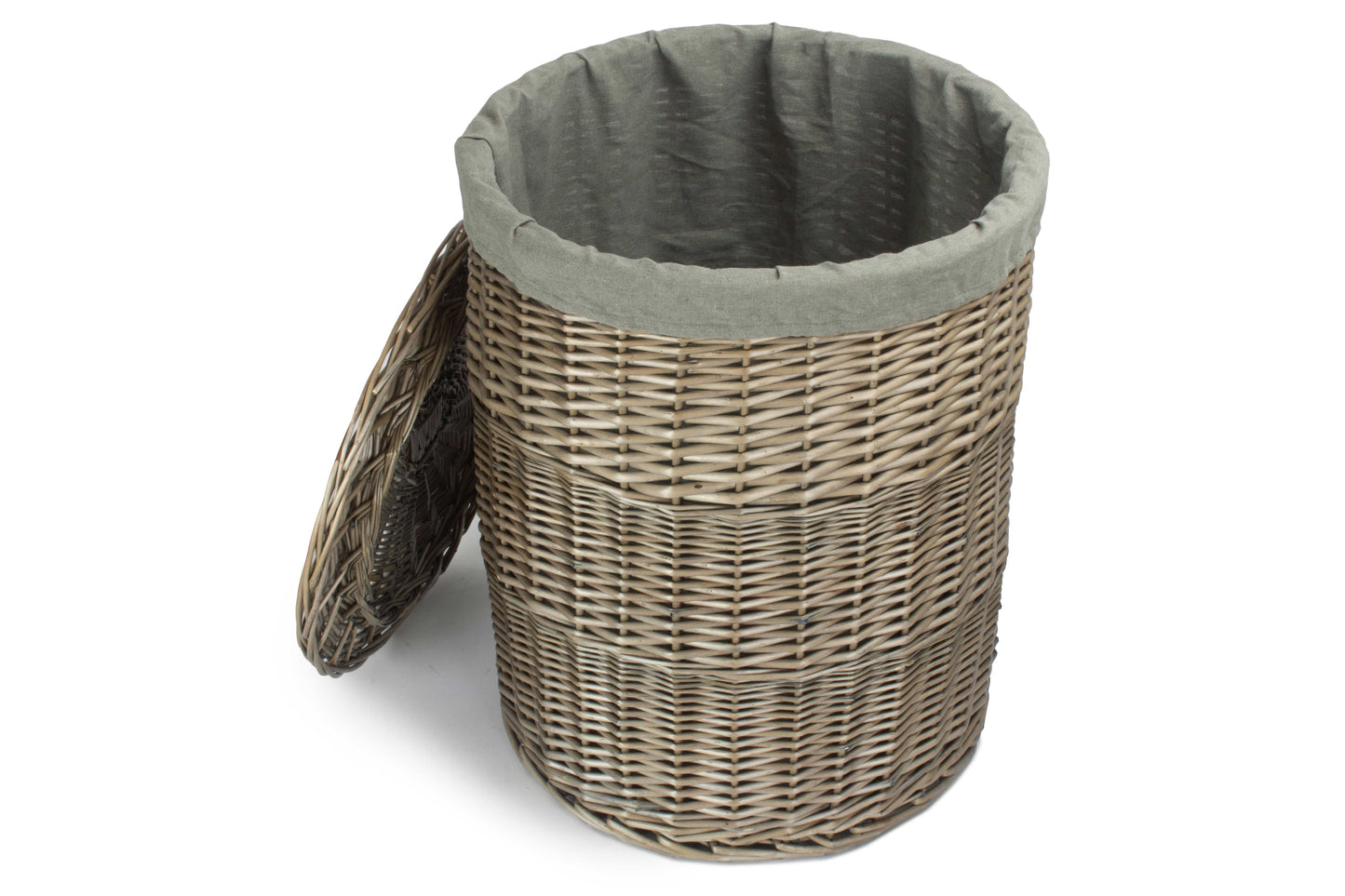 LARGE ANTIQUE WASH ROUND LAUNDRY BASKET with GREY SAGE LINING