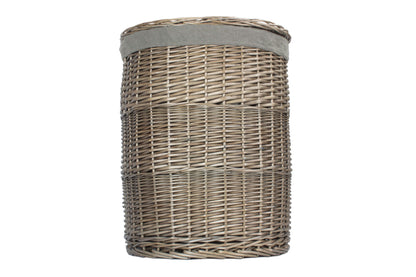LARGE ANTIQUE WASH ROUND LAUNDRY BASKET with GREY SAGE LINING