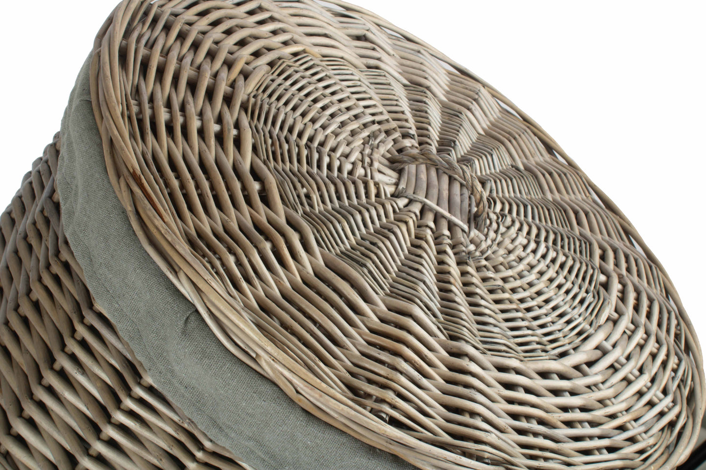 LARGE ANTIQUE WASH ROUND LAUNDRY BASKET with GREY SAGE LINING