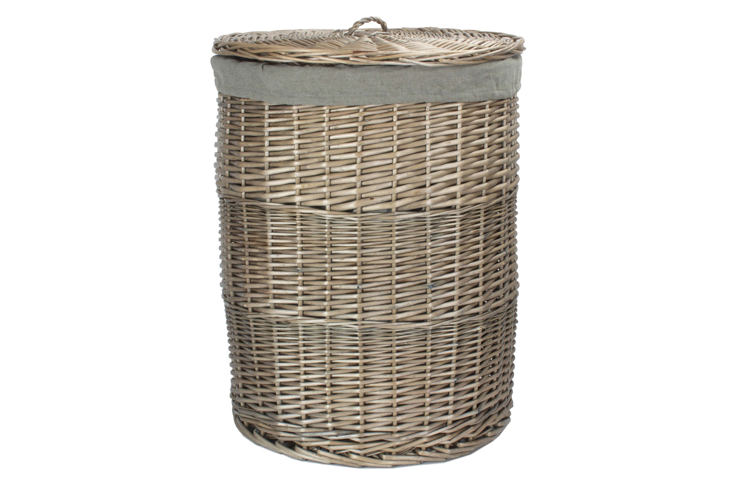LARGE ANTIQUE WASH ROUND LAUNDRY BASKET with GREY SAGE LINING