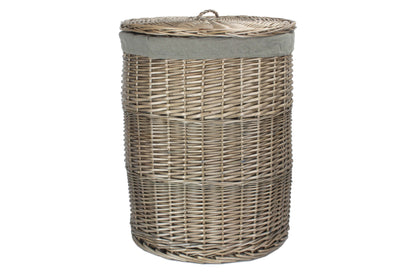 LARGE ANTIQUE WASH ROUND LAUNDRY BASKET with GREY SAGE LINING