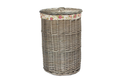 SMALL ANTIQUE WASH ROUND LAUNDRY BASKET with GARDEN ROSE LINING