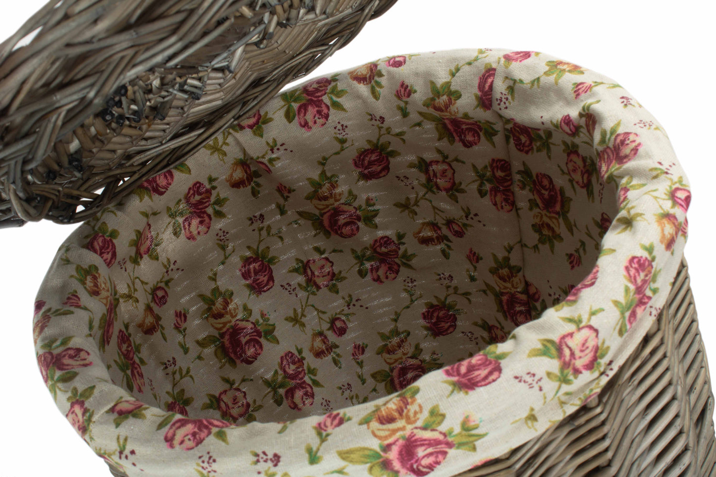 SMALL ANTIQUE WASH ROUND LAUNDRY BASKET with GARDEN ROSE LINING