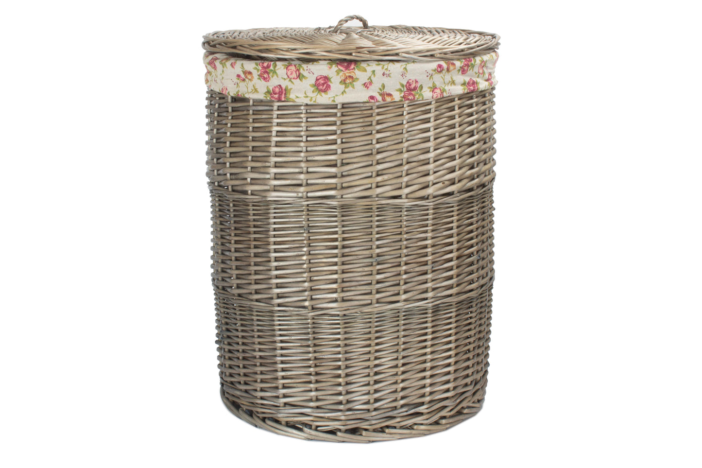 LARGE ANTIQUE WASH ROUND LAUNDRY BASKET with GARDEN ROSE LINING