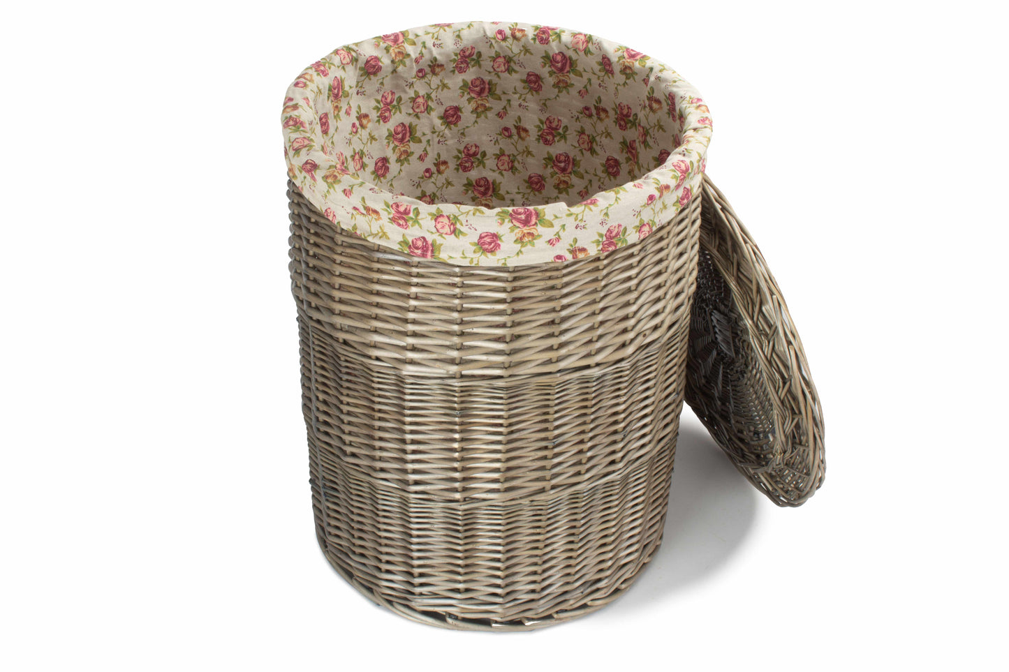 LARGE ANTIQUE WASH ROUND LAUNDRY BASKET with GARDEN ROSE LINING