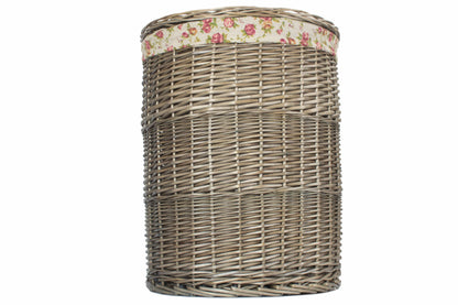 LARGE ANTIQUE WASH ROUND LAUNDRY BASKET with GARDEN ROSE LINING