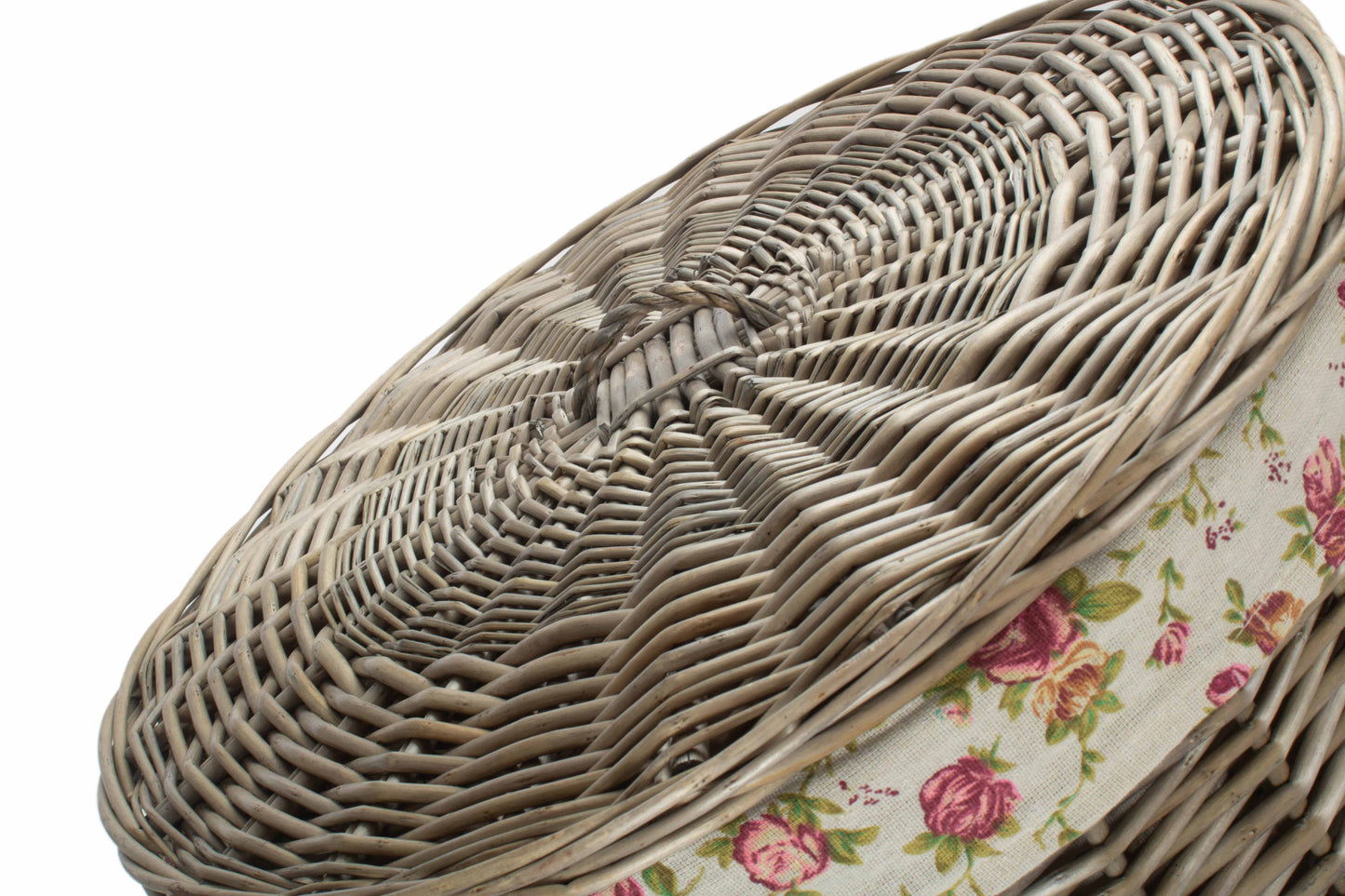 LARGE ANTIQUE WASH ROUND LAUNDRY BASKET with GARDEN ROSE LINING