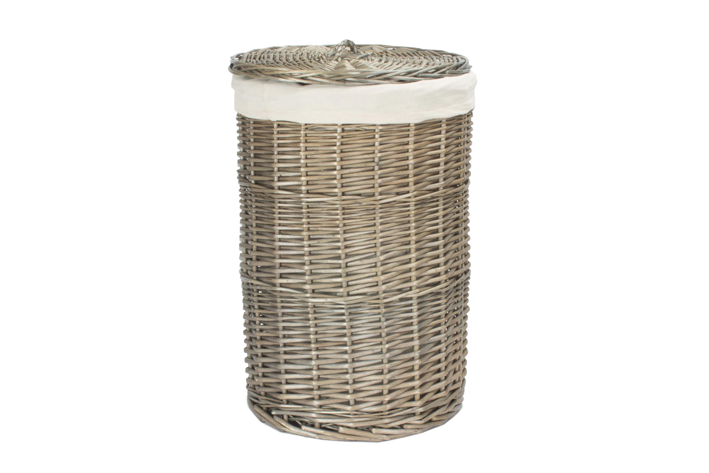 SMALL ANTIQUE WASH ROUND LAUNDRY BASKET with WHITE LINING