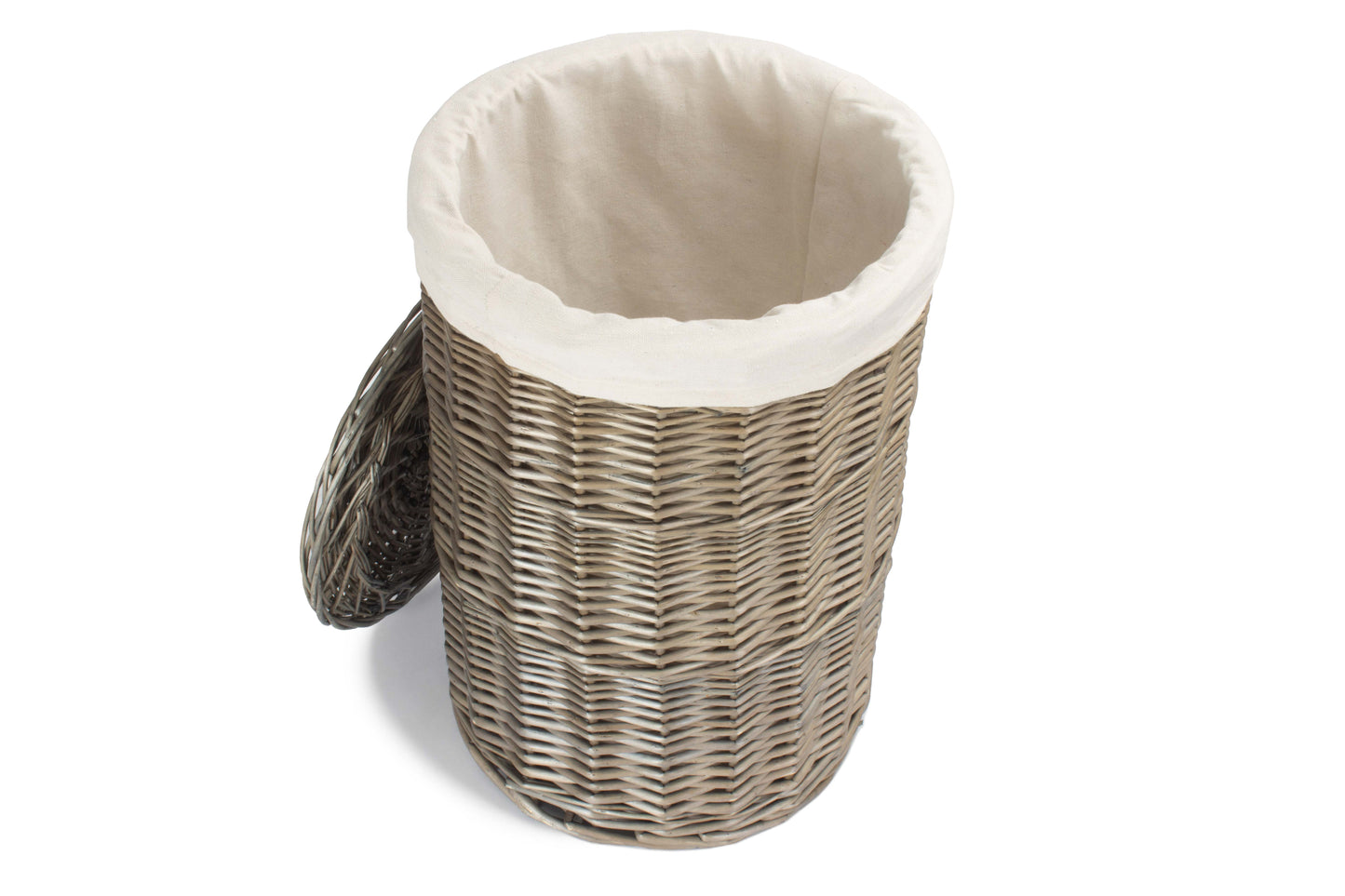 SMALL ANTIQUE WASH ROUND LAUNDRY BASKET with WHITE LINING