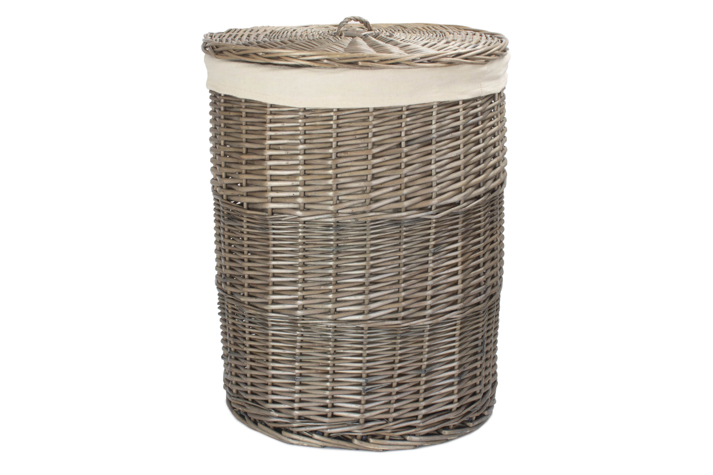 LARGE ANTIQUE WASH ROUND LAUNDRY BASKET with WHITE LINING