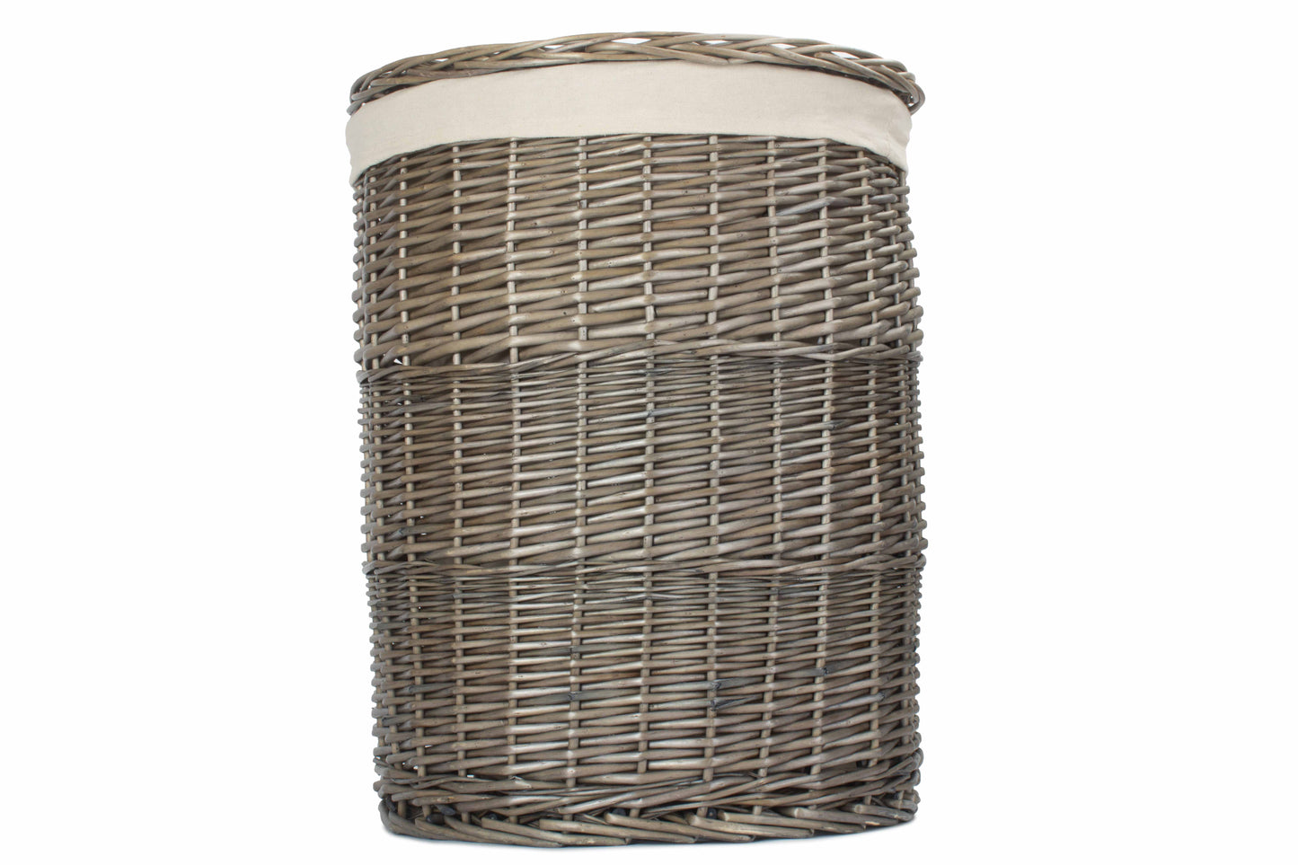 LARGE ANTIQUE WASH ROUND LAUNDRY BASKET with WHITE LINING