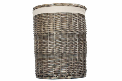 LARGE ANTIQUE WASH ROUND LAUNDRY BASKET with WHITE LINING