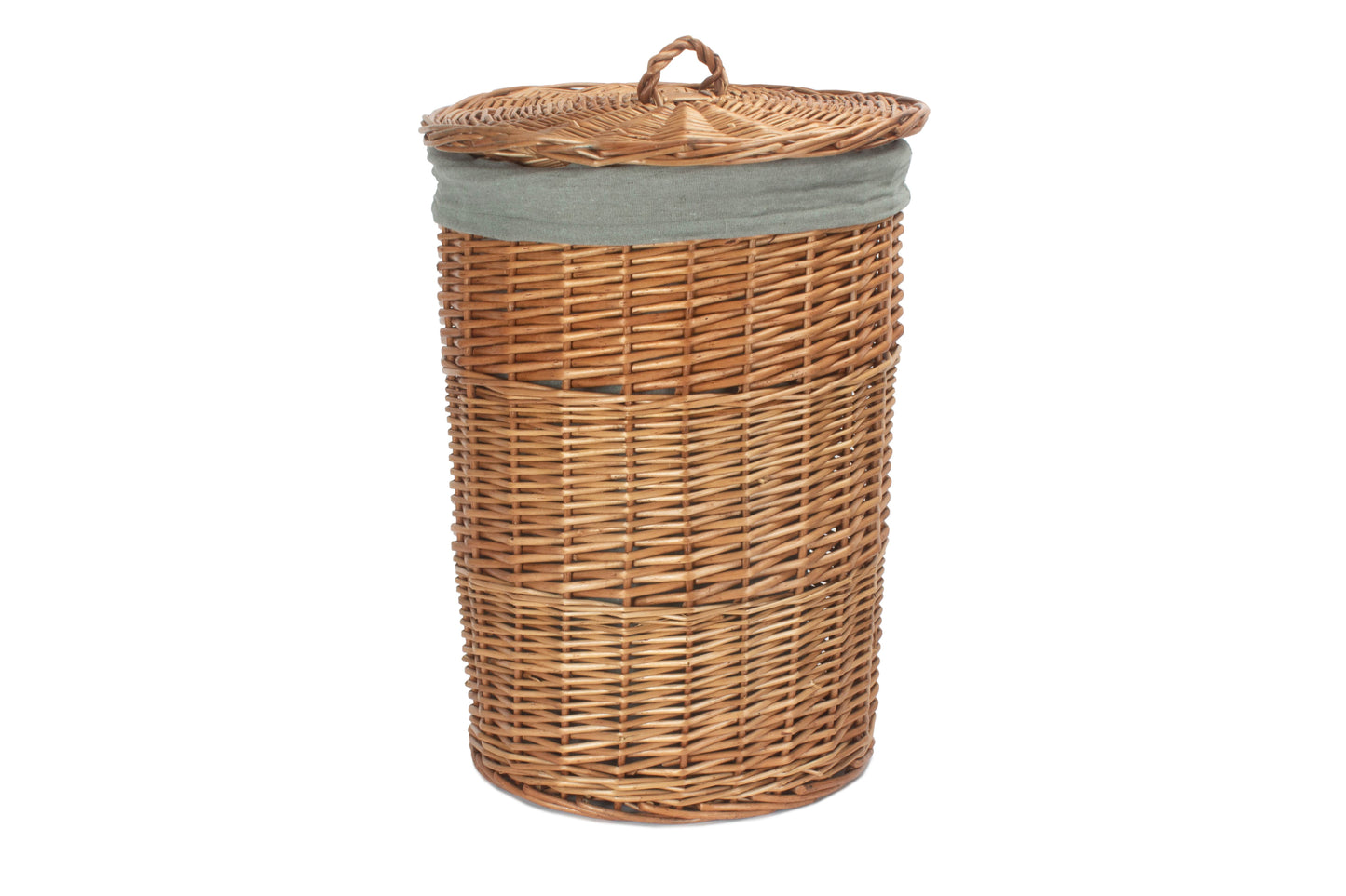 SMALL LIGHT STEAMED ROUND LINEN BASKET with GREY SAGE LINING