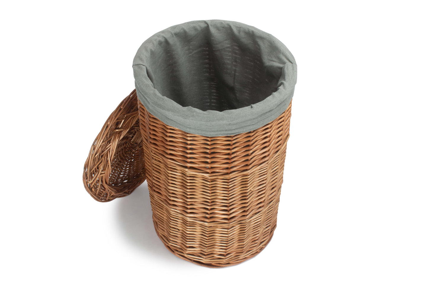 SMALL LIGHT STEAMED ROUND LINEN BASKET with GREY SAGE LINING