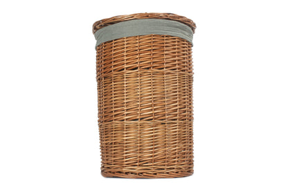 SMALL LIGHT STEAMED ROUND LINEN BASKET with GREY SAGE LINING