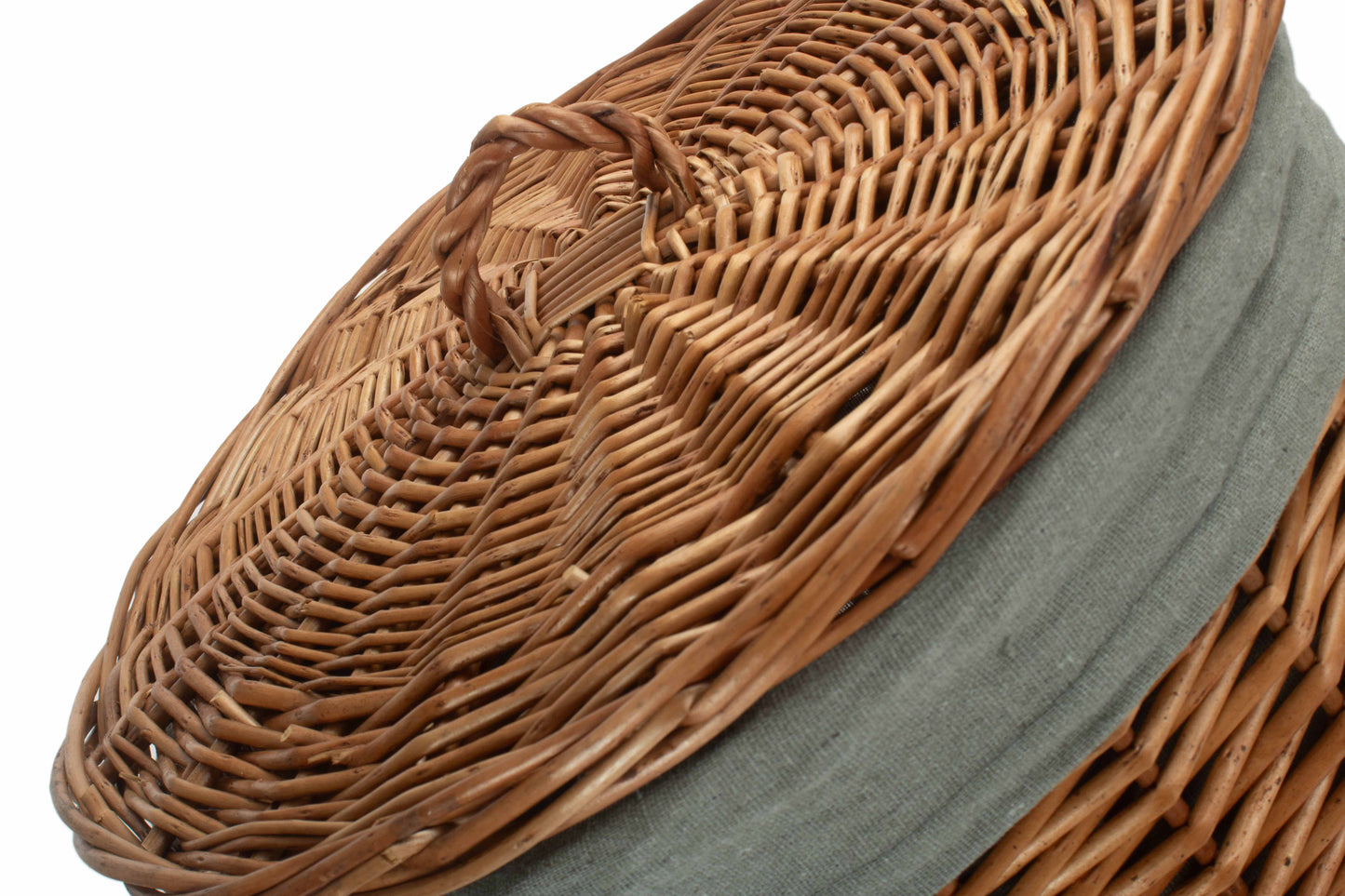 SMALL LIGHT STEAMED ROUND LINEN BASKET with GREY SAGE LINING