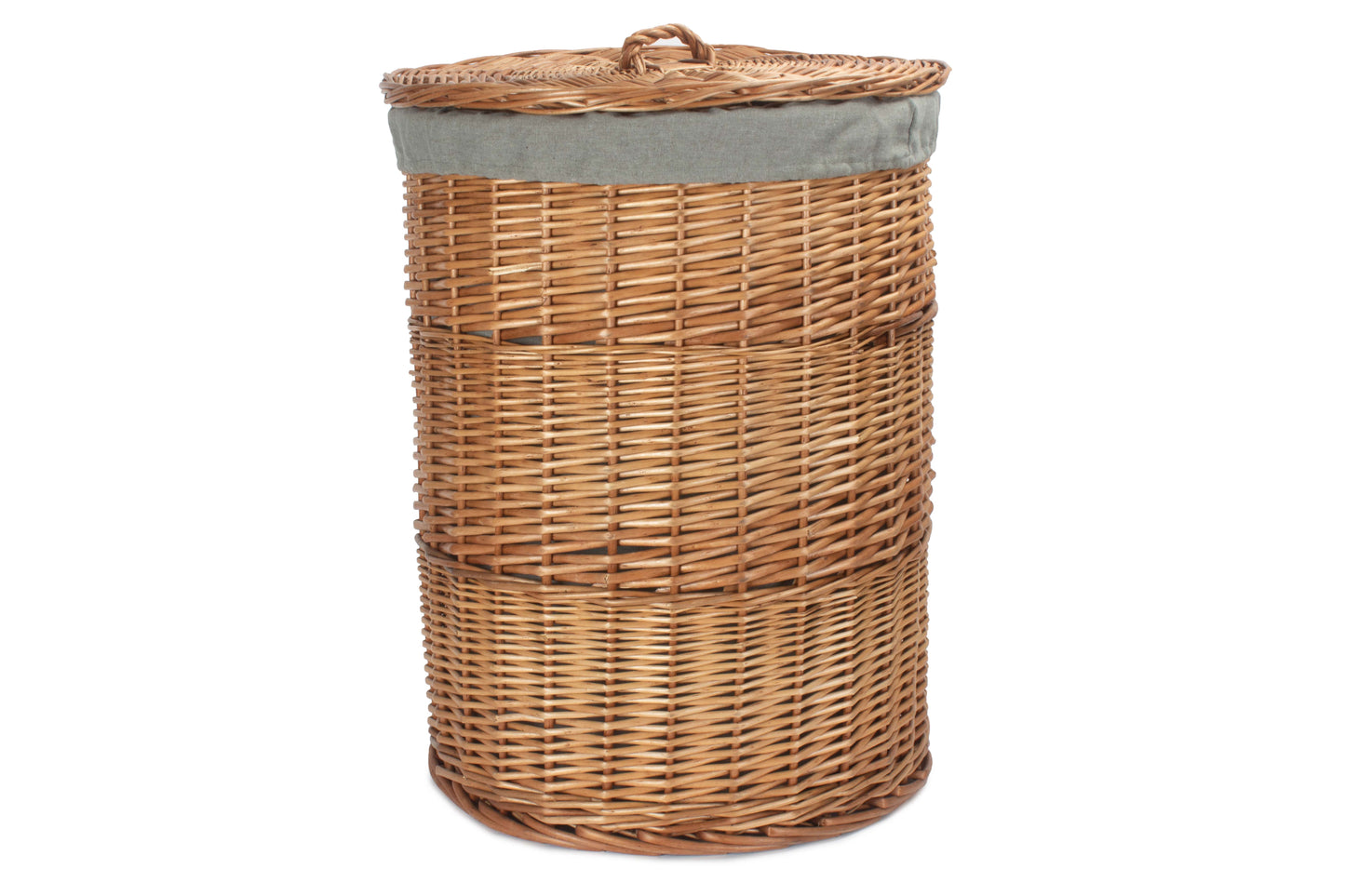 LARGE LIGHT STEAMED ROUND LINEN BASKET with GREY SAGE LINING