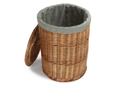LARGE LIGHT STEAMED ROUND LINEN BASKET with GREY SAGE LINING